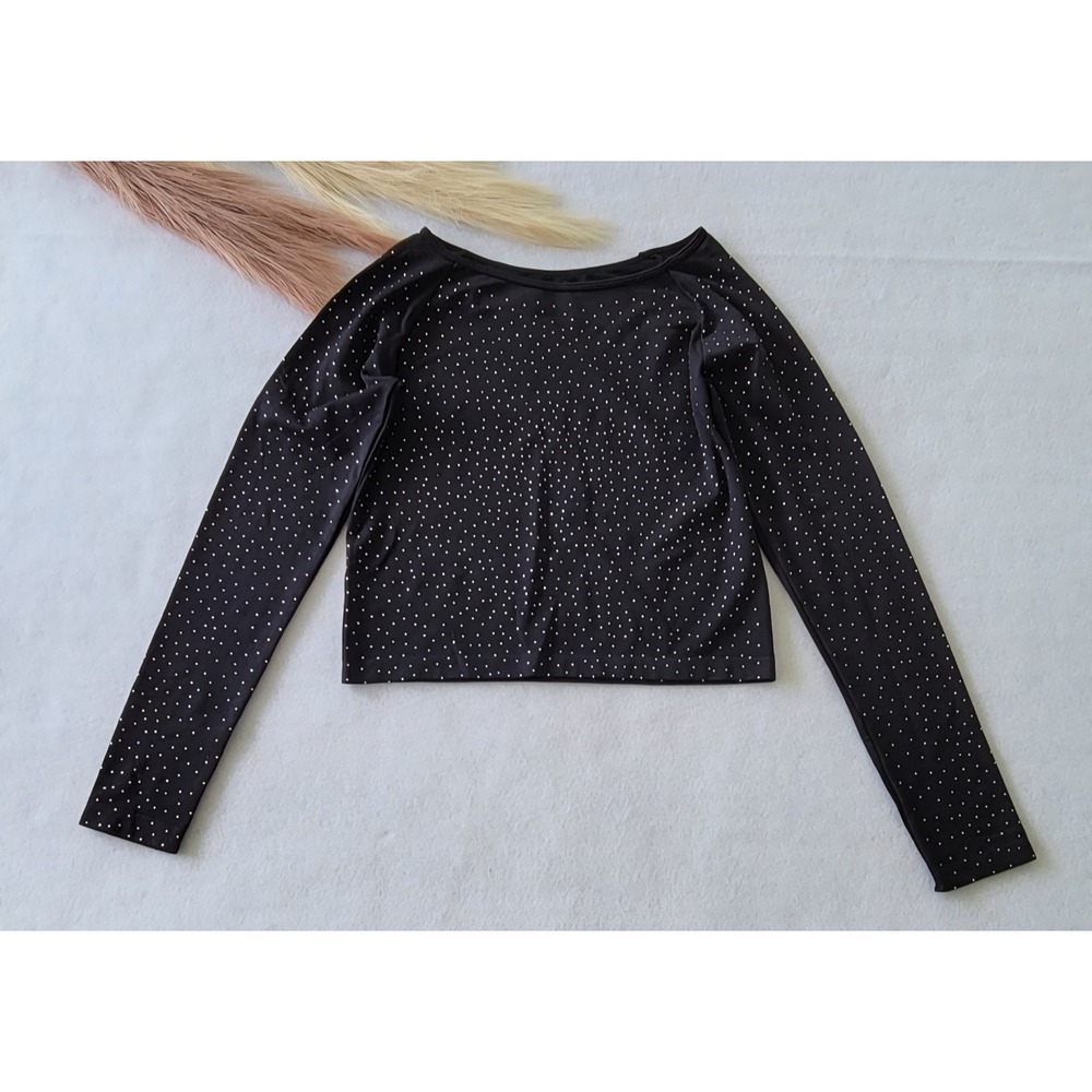 Pink  Crystal Square Neck Crop‎ Top Size Large Long Sleeve Black